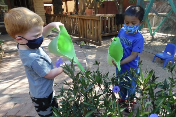 preschooler watering potted plants showing a child-led exploration activity